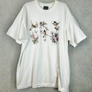 Vintage 90s Hummingbird Bird Nature Flowers Art White T-Shirt XL Robert Allan